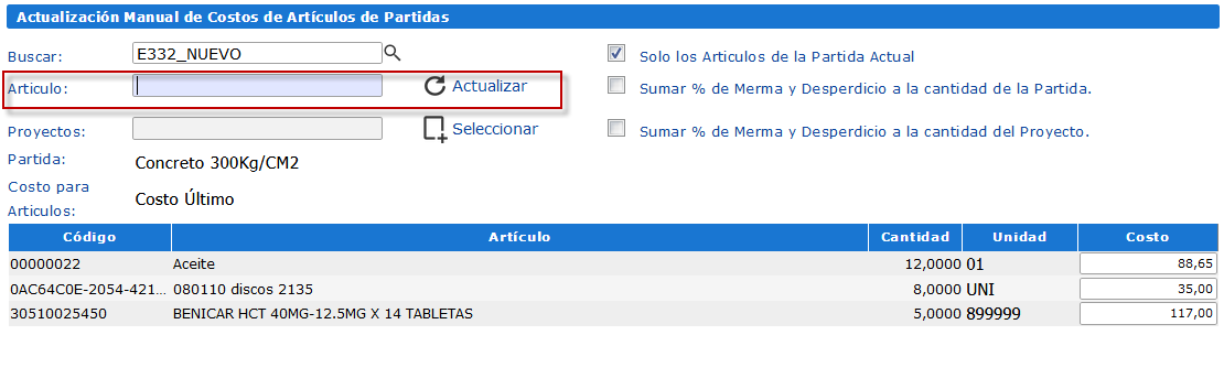 Opción Artículo y Botón Actualizar