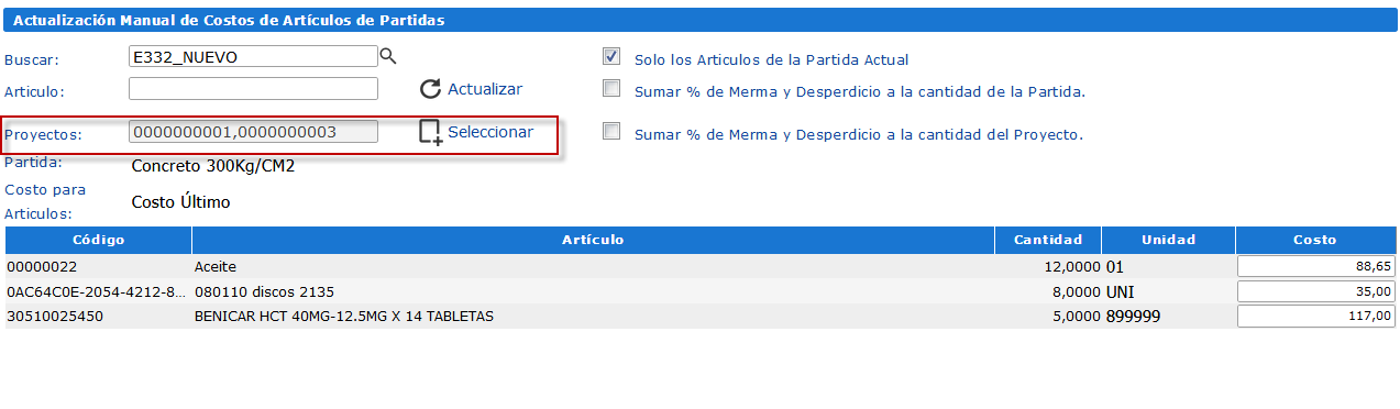 Opción Proyectos y Botón Seleccionar