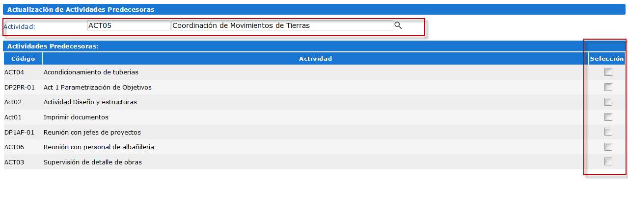Ventana Actualización de Actividades Predecesoras